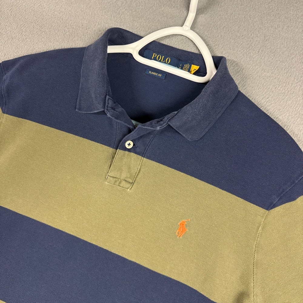 Polo Ralph Lauren Polo Shirt Mens Large Blue Olive Striped Classic Fit Pony